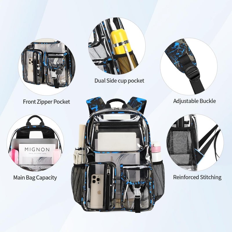 Cusangel Clear School Backpack,Heavy Duty Clear Backpack,16.5 x12 x5inch TPU Large Capacity See Through bookbag for Sport Events,Travel (Blue) - Image 3